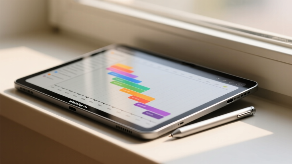 Close-up of the reMarkable Paper Pro displaying a color-coded project timeline with the magnetic stylus on the bezel.