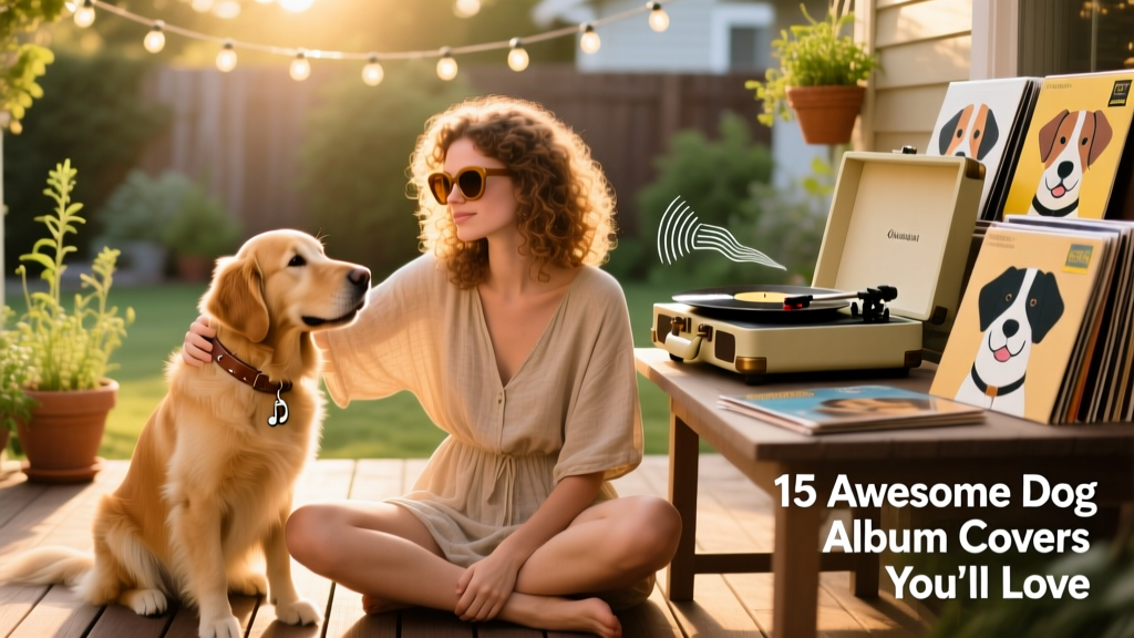 woman listening to music with her dog