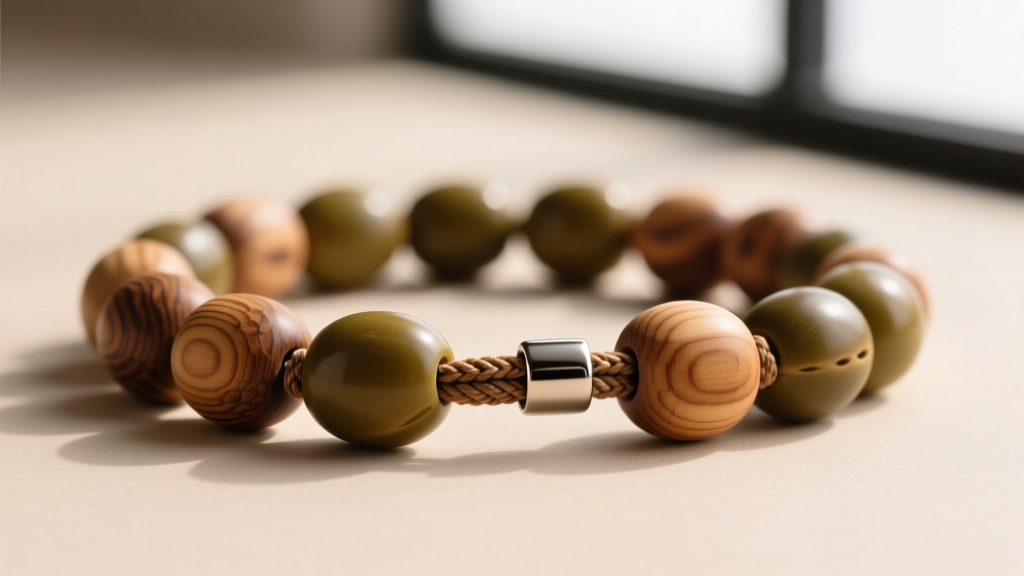 Detailed view of a waxed cotton cord and magnetic clasp connecting olive wood beads, photographed on a neutral beige background.