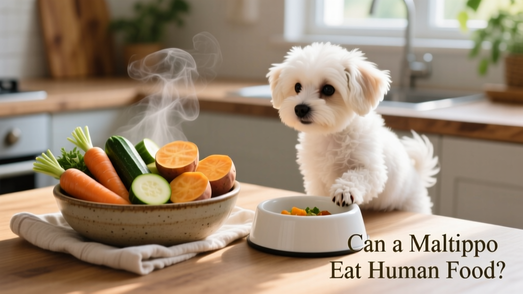 Steamed vegetables—including carrots, zucchini, and sweet potato—arranged neatly beside a Maltipoo’s food bowl