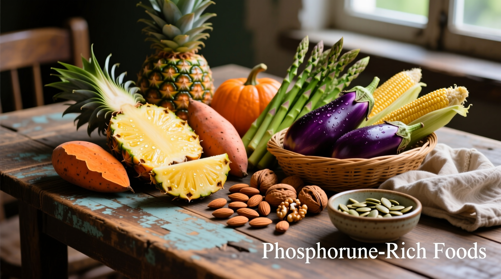 Colorful display of phosphorus-rich foods on wooden table