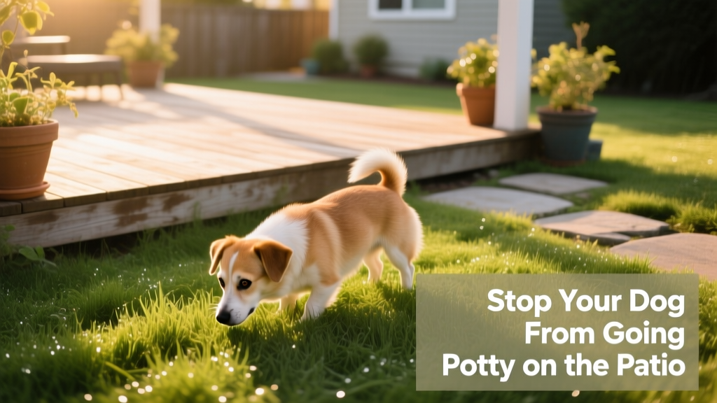 Small dog sniffing grass in a backyard with patio visible nearby