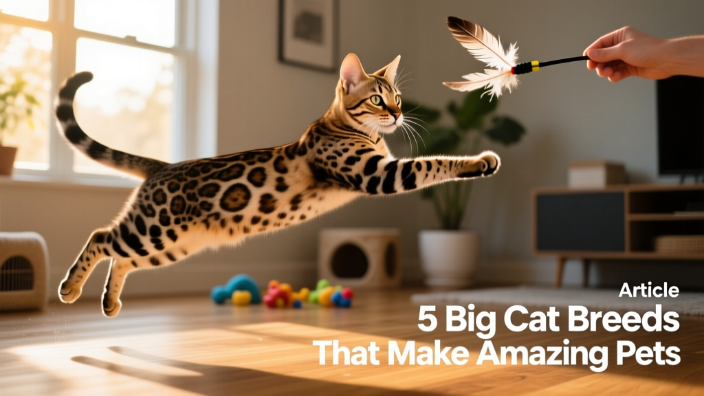 A sleek, spotted Savannah Cat mid-leap during an interactive play session with a feather wand toy