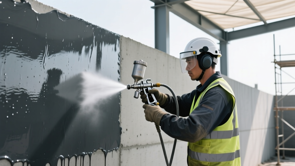 Worker spraying dark grey graphene-infused liquid waterproofing membrane onto a concrete foundation wall with an airless sprayer