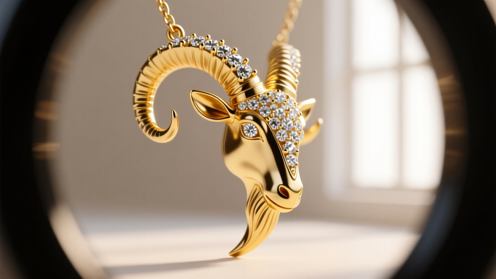 Close-up through a loupe inspecting the micro-prong diamond setting on the curved horn of a sculptural gold goat pendant