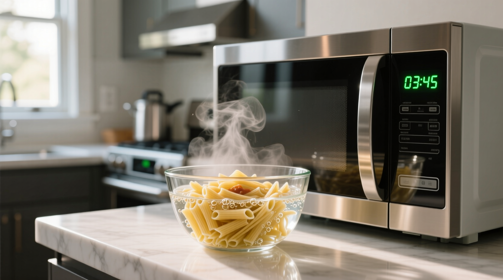 Microwave pasta cooking in glass bowl with timer