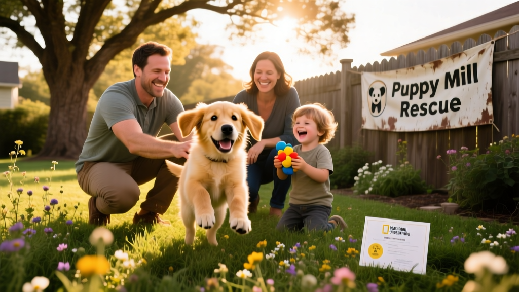 A joyful, newly adopted dog playing in a sunlit backyard with their adoptive family, symbolizing healing and hope after rescue