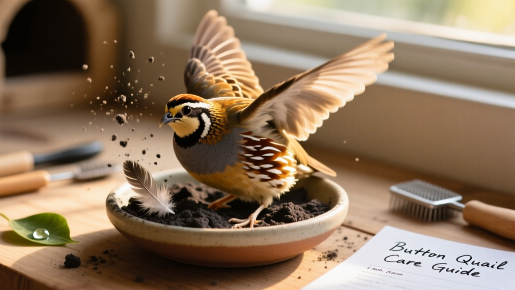 Close-up of a button quail taking a dust bath in a shallow dish filled with volcanic ash