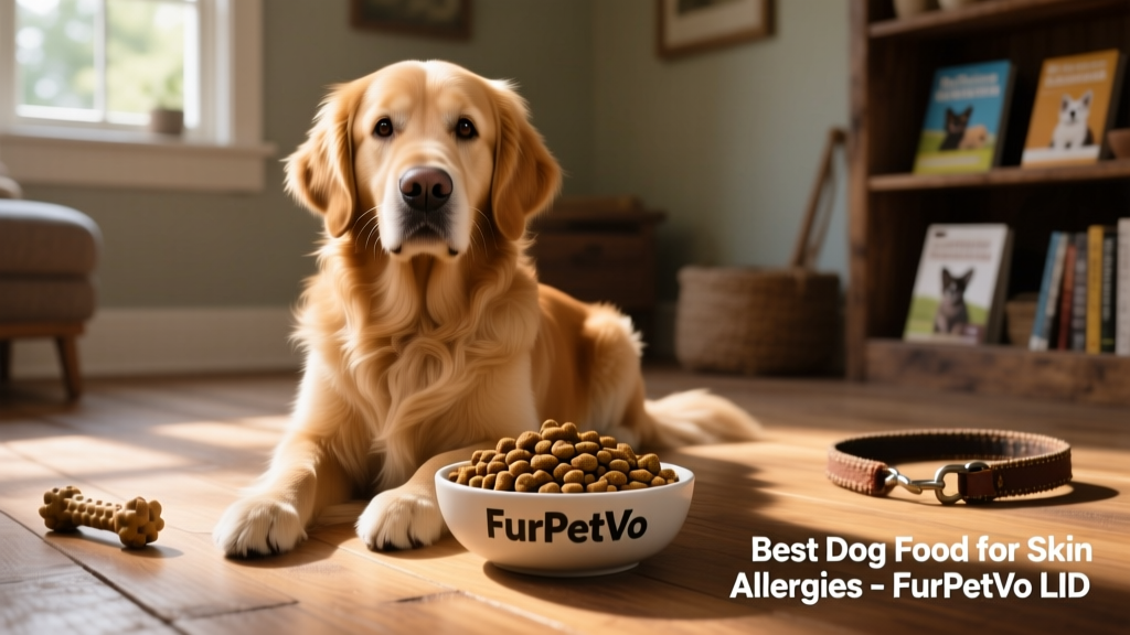 Bowl of FurPetVo LID Duck & Potato kibble next to a healthy, shiny-coated dog
