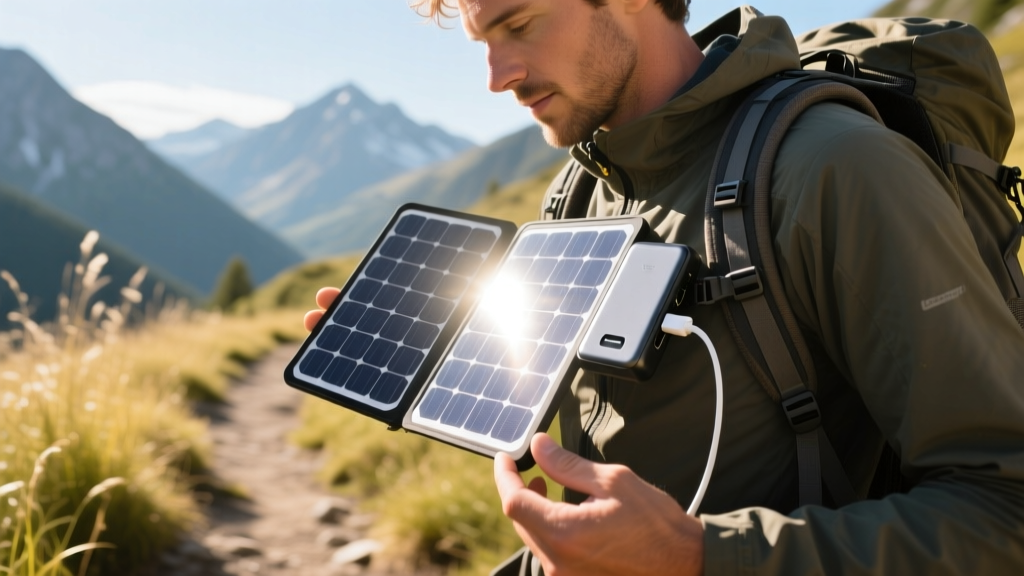 Tech reviewer testing a foldable monocrystalline solar charger panel attached to a hiking backpack under direct bright sunlight outdoors