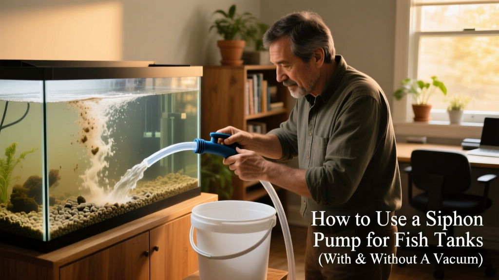 Aquarium owner using a siphon pump to clean gravel, with cloudy water flowing into a bucket beside the tank