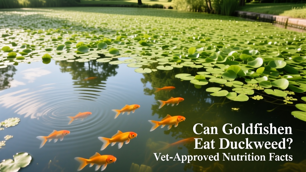 Aerial view of a serene outdoor pond with goldfish swimming beneath a lush, floating carpet of duckweed