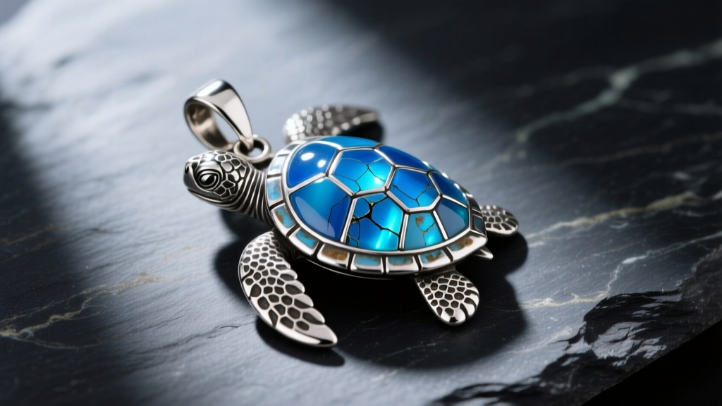 Tarnished 925 sterling silver sea turtle pendant with a cracked blue epoxy resin shell inlay resting on a dark slate surface.