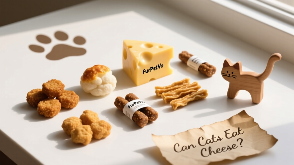 Assortment of FurPetVo cheese-flavored cat treats arranged on a clean white surface