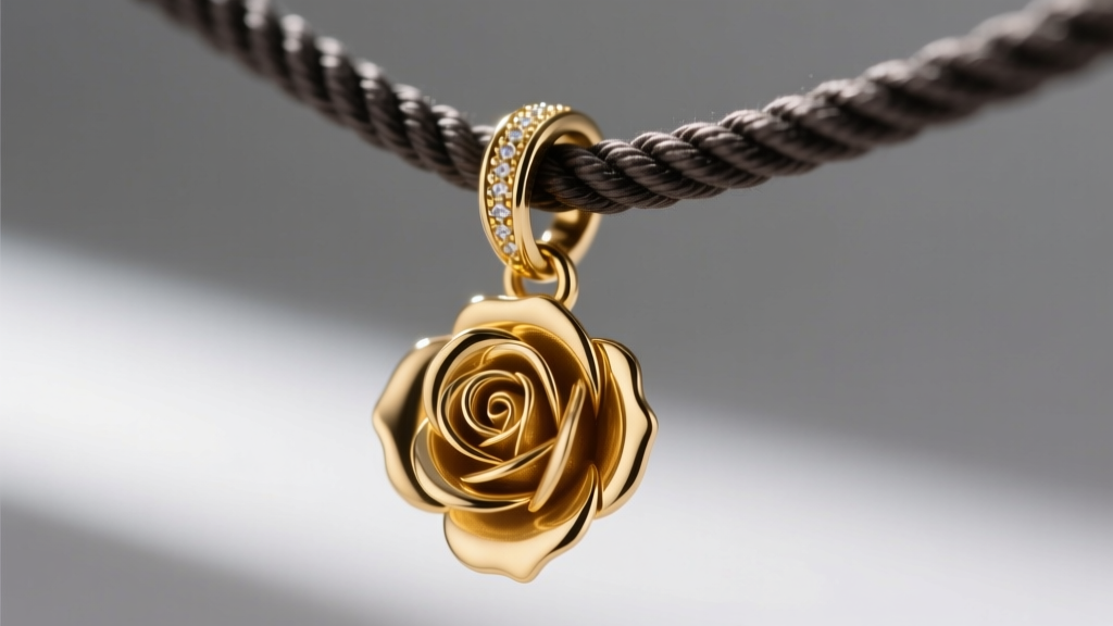 Macro view of a soldered jump ring attaching a gold rose pendant to a thick rope chain, highlighting the seamless metal joint.