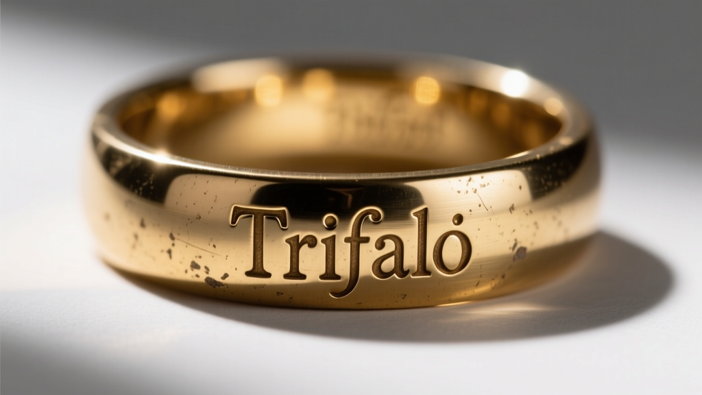 Macro shot of a vintage Trifari hallmark stamped on the inner band of a brass cocktail ring under harsh directional light.