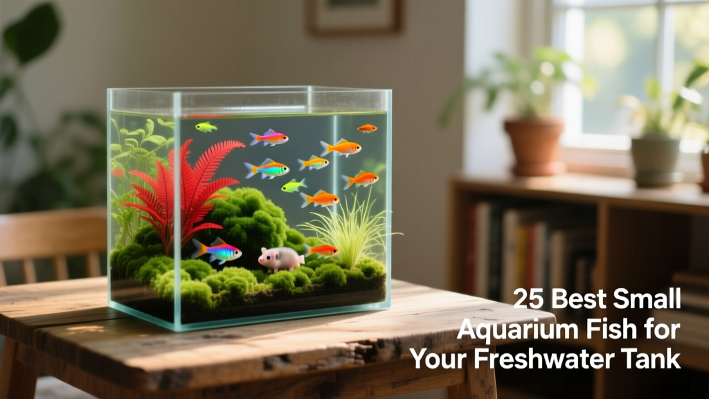 A serene, well-maintained small freshwater aquarium featuring a mix of colorful small fish and lush live plants
