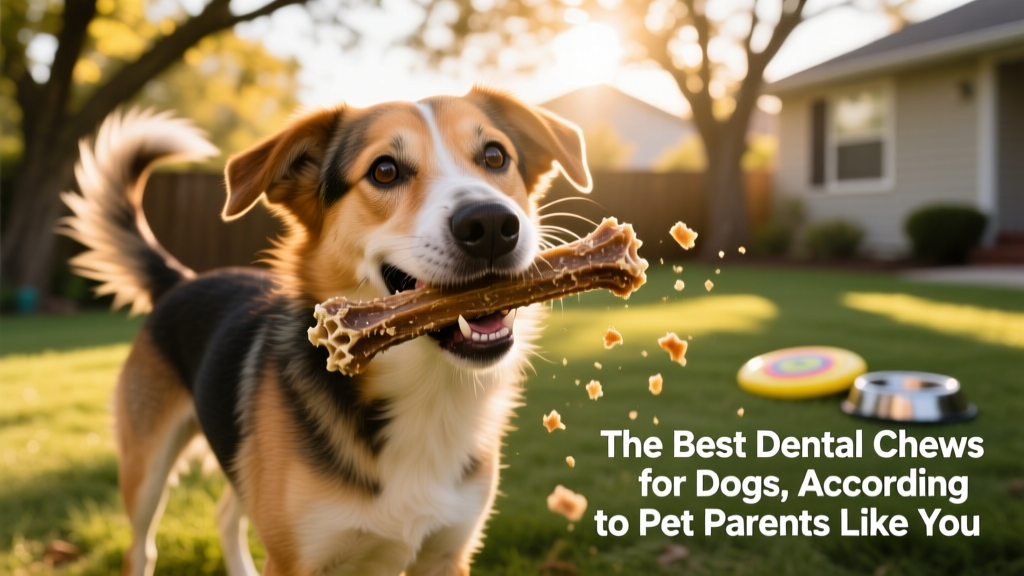 A happy medium-sized dog chewing on a textured dental stick outdoors