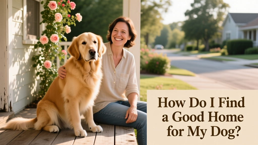 A calm, gentle dog sitting beside a smiling adult on a sunlit porch
