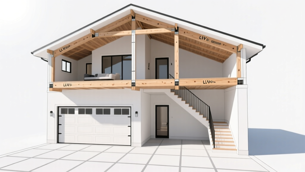 Blueprint of a 24x30 two-story garage showing second-floor apartment overlay, LVL floor joists, and U-shaped staircase layout
