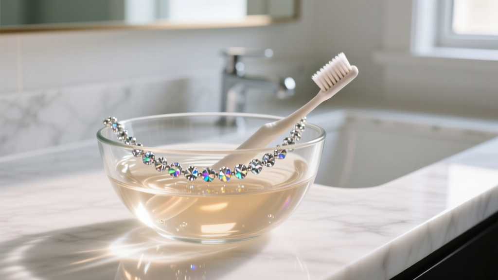 Soft toothbrush gently scrubbing a diamond bead necklace in a glass bowl of warm soapy water on a bright marble bathroom counter.