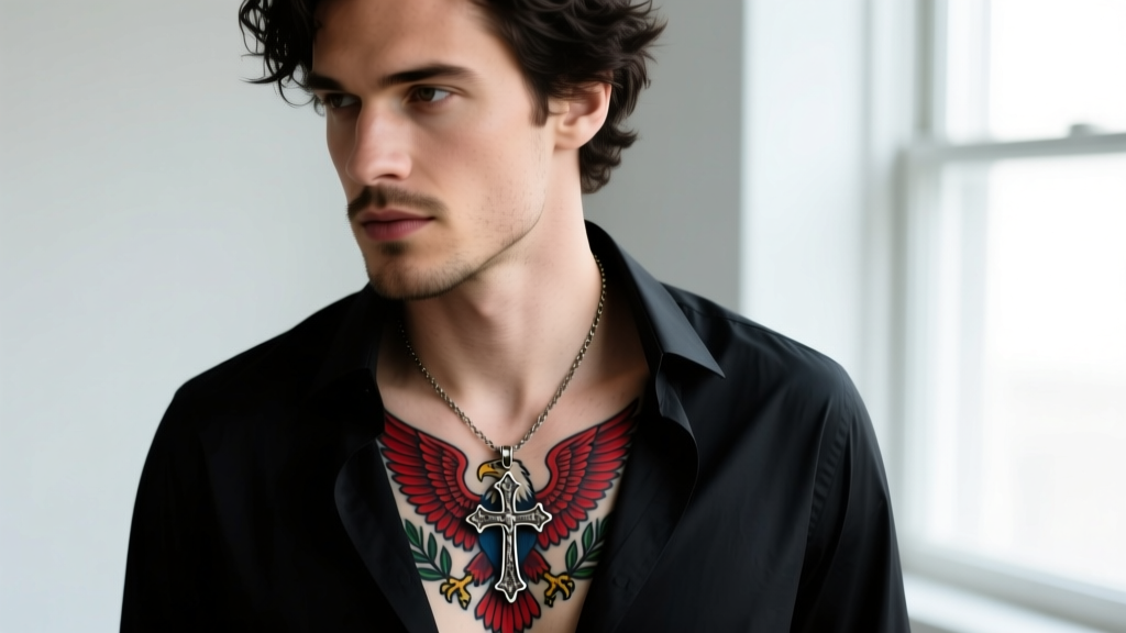 Stylish man wearing an oxidized silver gothic cross necklace resting just above a vibrant traditional American chest tattoo.