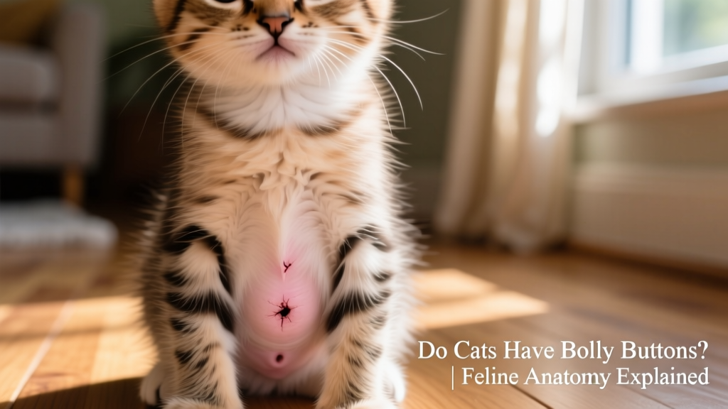 Close-up of a kitten's abdomen showing a small, subtle scar near the base of the ribcage
