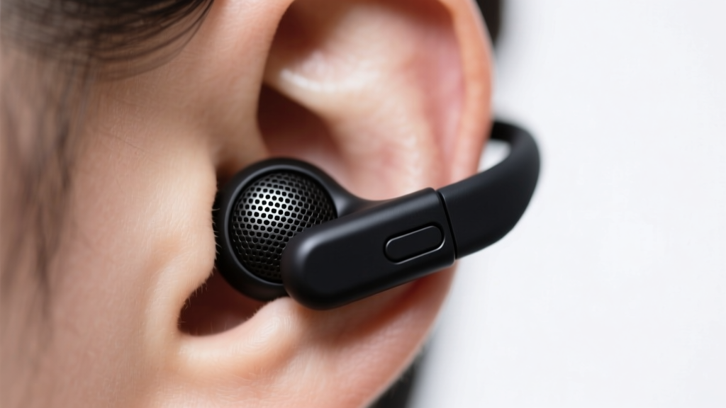 Macro view of a black audio ear cuff clipped to a lobe, showing the flexible silicone hinge and speaker mesh under soft lighting.