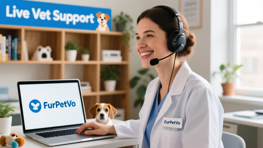 Close-up photo of a friendly veterinary nurse smiling while speaking into a headset, with a laptop screen showing the FurPetVo logo and 'Live Vet Support' banner