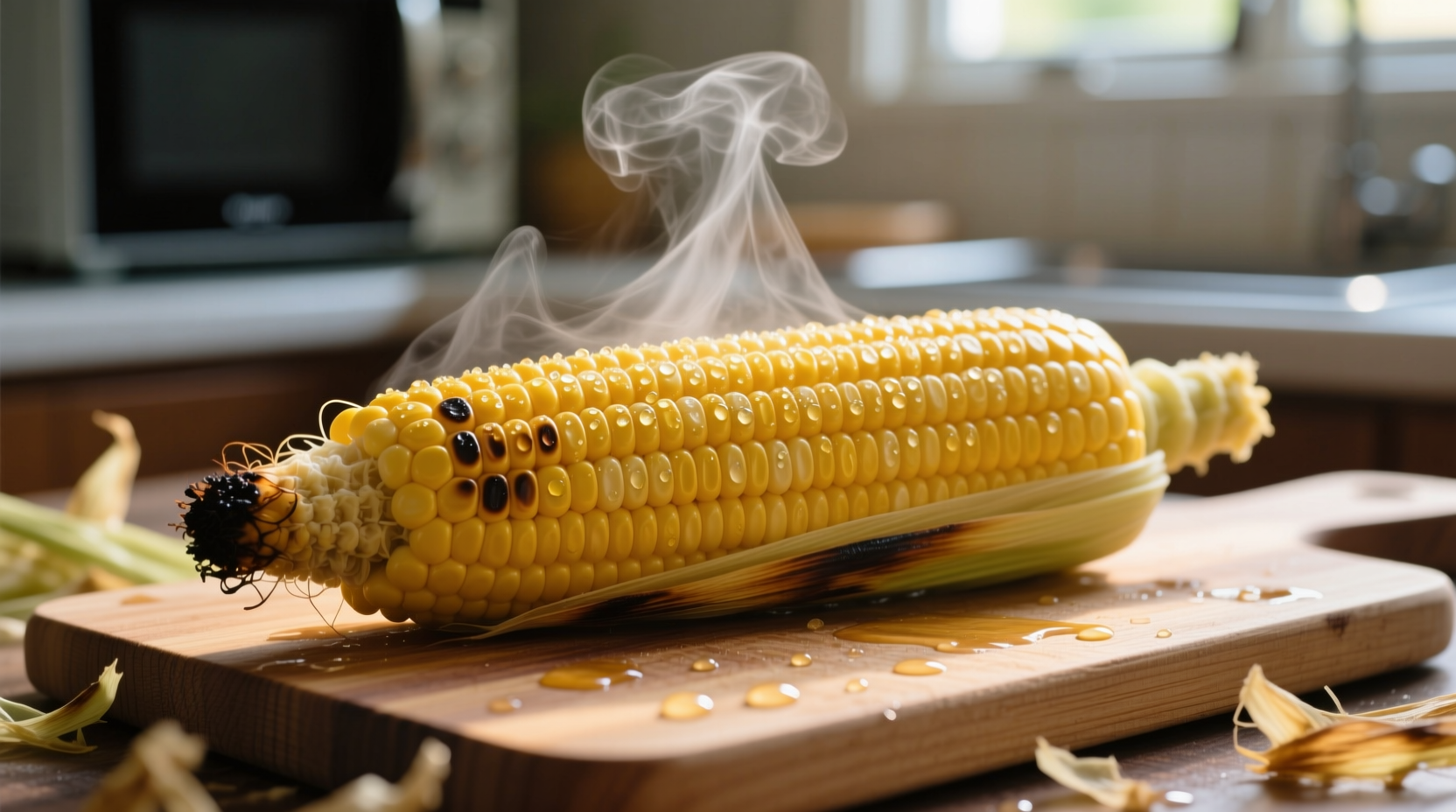 Fresh corn on cob steaming after microwave cooking