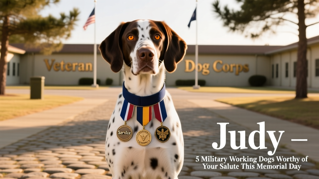 Portrait of Judy, a liver-and-white English Pointer, wearing a naval collar with medals