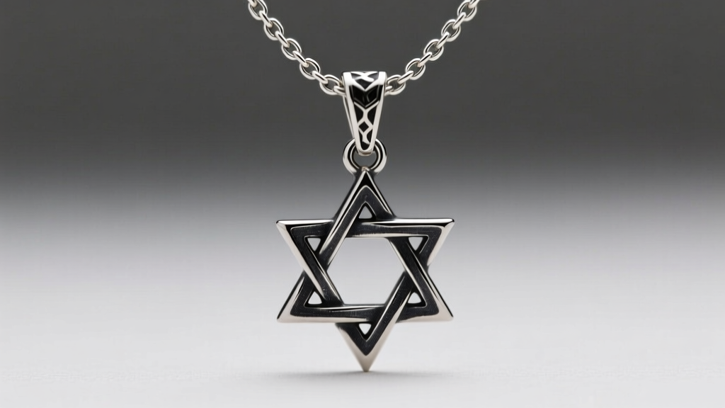 Detail of a unique Star of David necklace with a saddle bail threaded onto an oxidized 1.5mm sterling silver box chain.