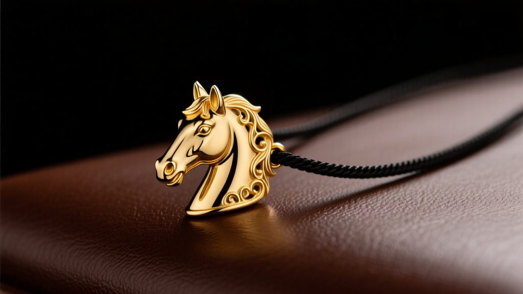 Polished 14k yellow gold horse head pendant on a 1.5mm rope chain resting on dark brown leather, shot in soft studio lighting.