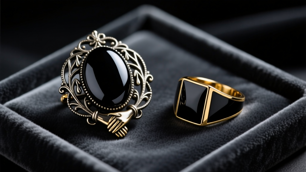 Antique Whitby jet mourning brooch and modern black enamel gold remembrance ring on dark velvet under moody studio lighting