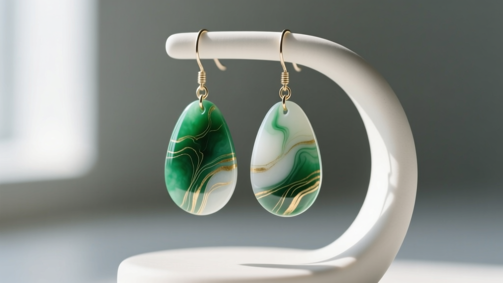 Finished faux jade marbled polymer clay drop earrings catching soft window light on a minimalist ceramic stand.