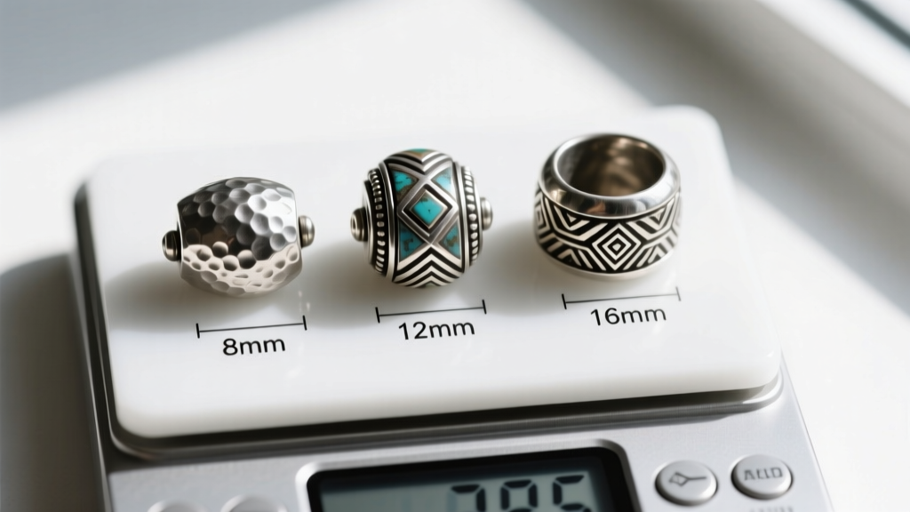 Overhead macro shot comparing three Navajo silver beads of 8mm, 12mm, and 16mm diameters, placed on a calibrated digital scale.