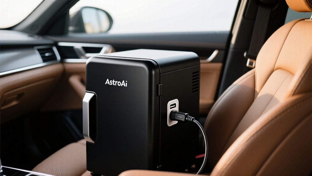 Close up of a matte black AstroAI mini fridge plugged into a car's 12V socket holding premium men's skincare serums and eye creams.