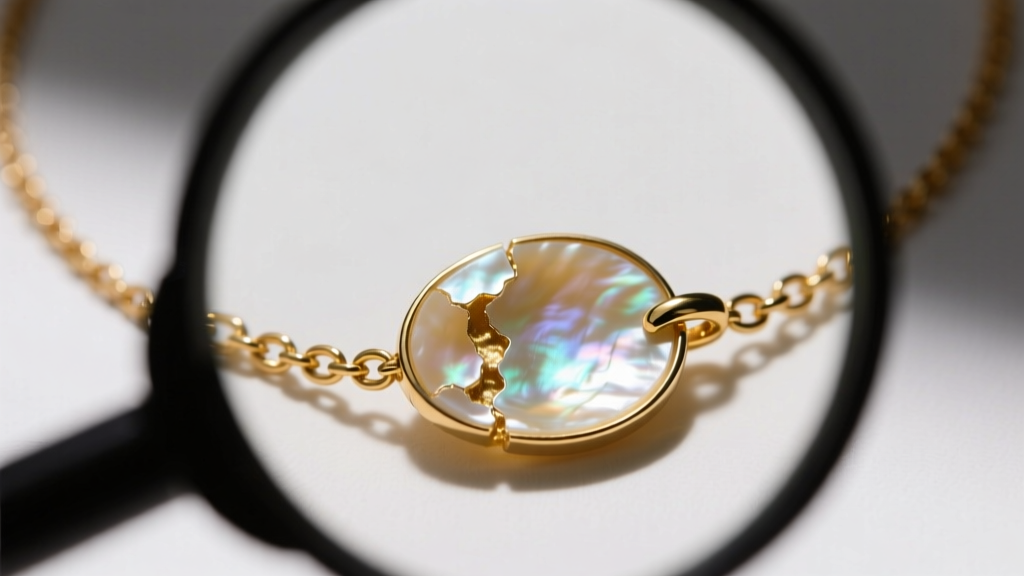 Loupe view of a mother of pearl gold necklace showing early nacre delamination near the clasp due to harsh chemical exposure.