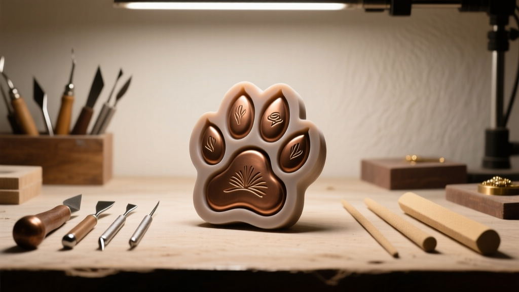 Jeweler workbench showing a silicone dog paw mold beside a raw bronze casting, with carving tools under warm studio lighting.