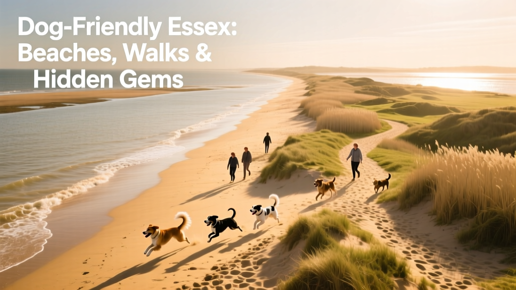 Aerial view of Mersea Island’s coastline with dogs running along the shore