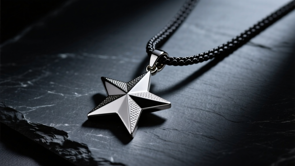 Brushed titanium star pendant on a thick 3mm rope chain resting on dark slate under moody directional studio lighting for men.