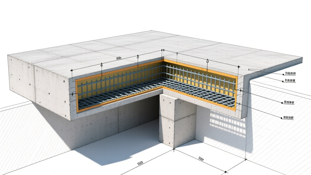 Cross-section architectural blueprint showing a concrete slab-on-grade next to a deep T-shaped footing foundation with rebar detailing