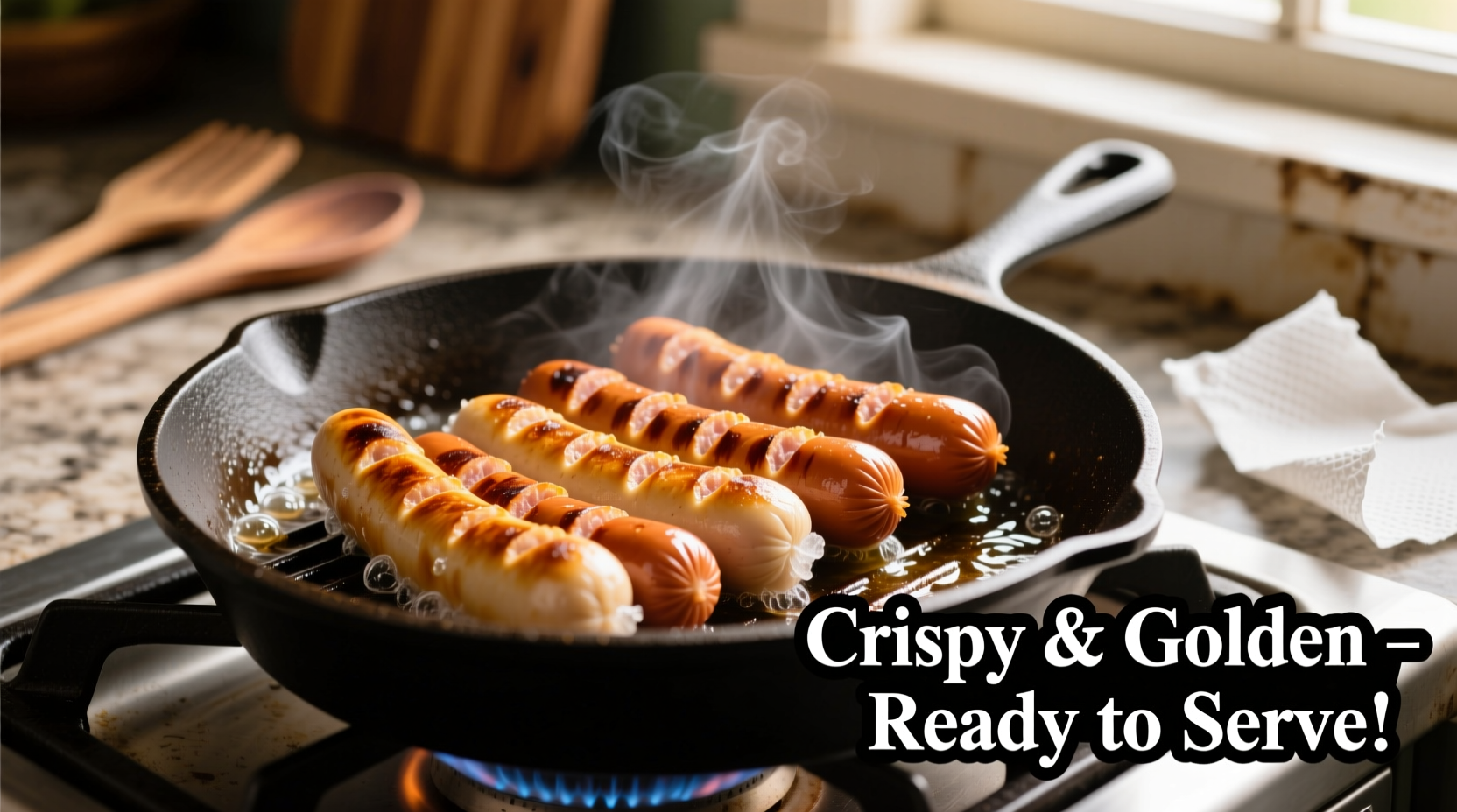 Frozen hot dogs cooking in a skillet with golden brown exterior