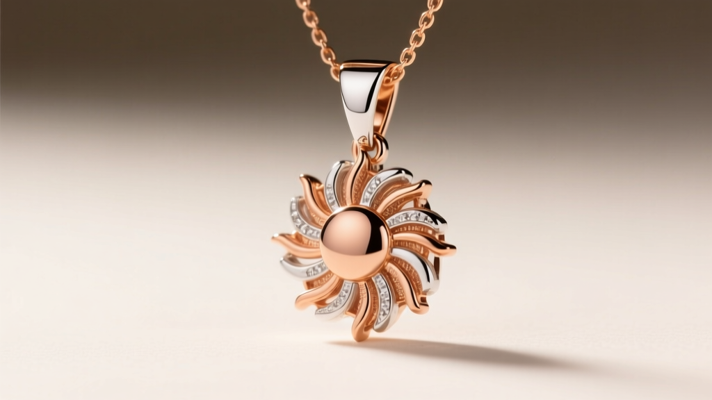 Macro shot of 14k rose gold and 18k white gold necklace settings, revealing subtle color contrasts under warm studio lighting.