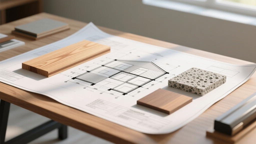 Architectural blueprint overlaid with physical samples of cross-laminated timber, fiber cement siding, and sintered stone on a drafting table