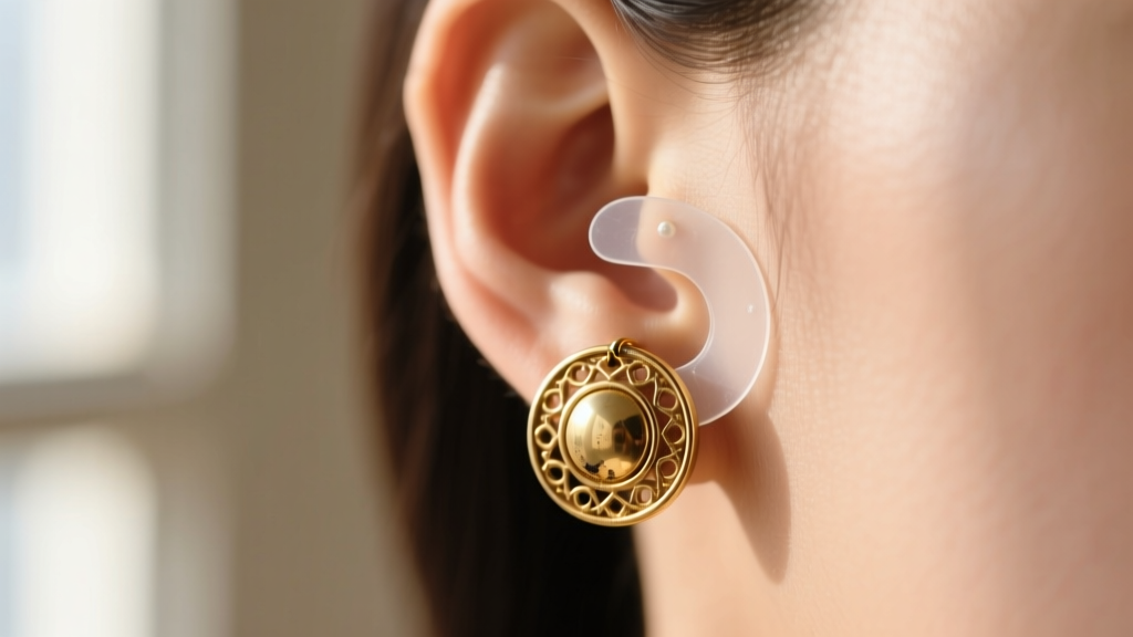 Macro shot of a heavy vintage gold button earring being secured to an earlobe using a transparent silicone earring support patch.