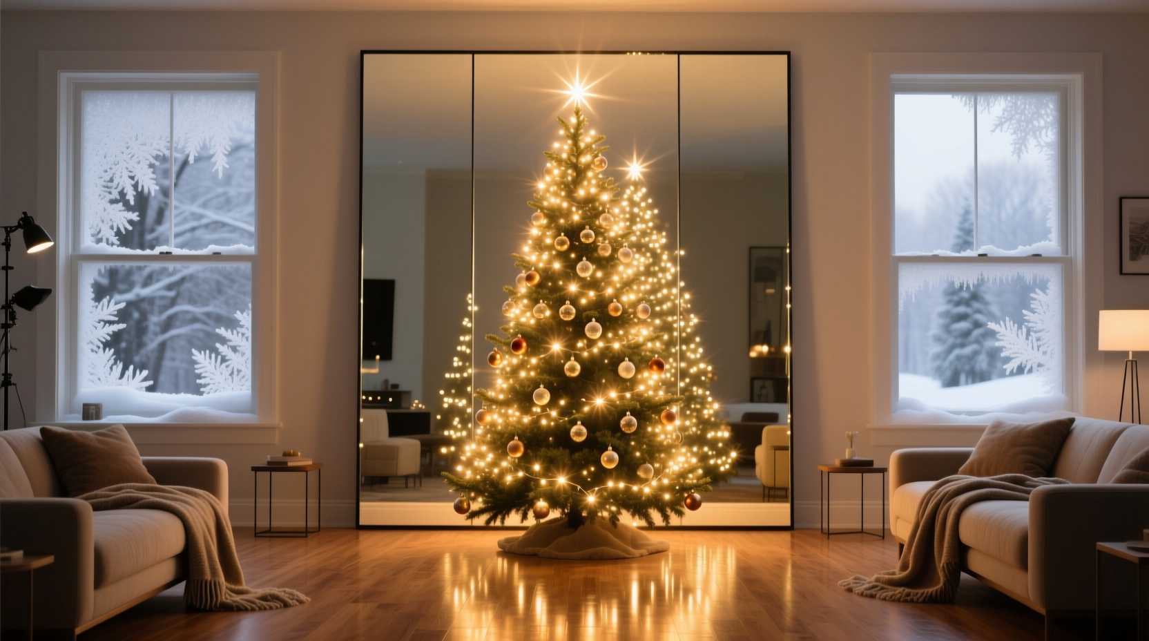 how to use mirror backdrops to amplify christmas tree light brightness