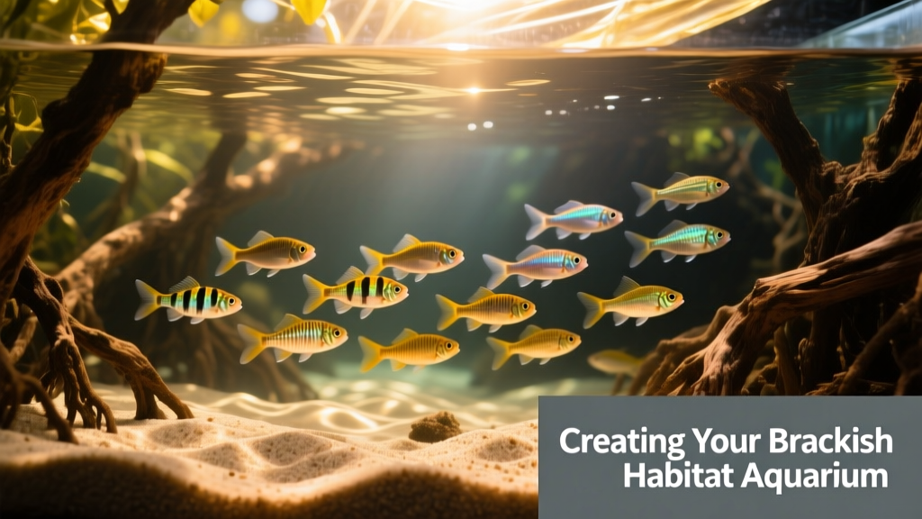 Well-planted brackish aquarium with sandy substrate, mangrove-style driftwood, and active mono fish schooling near the surface