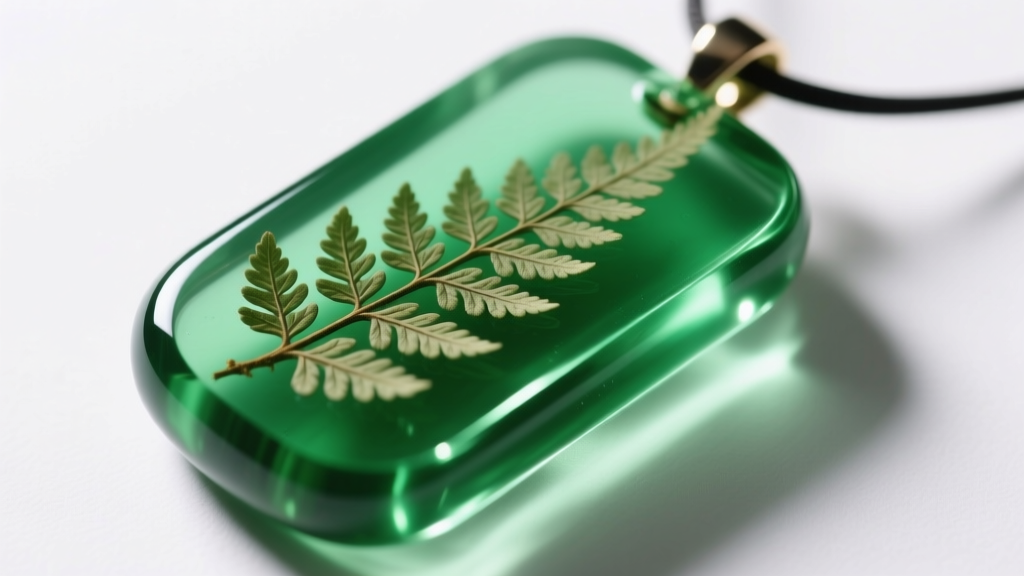 Macro shot of a translucent green epoxy resin pendant with suspended dried fern inclusions, lit by a directional LED studio light
