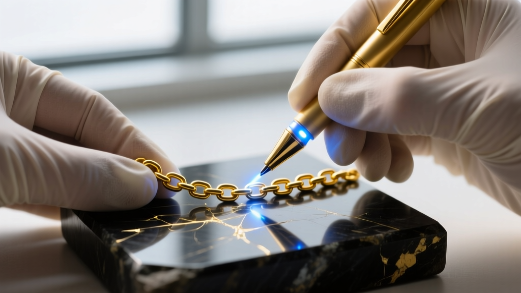 Gloved hands using a digital gold tester pen on a scratched 18k yellow gold chain link resting on a dark gemological testing stone